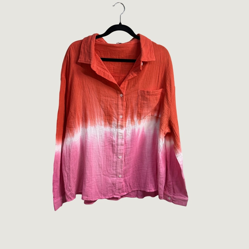 White Birch Orange Pink Ombre Tie Dye Cotton Gauze Button Down Shirt Beachy 1X